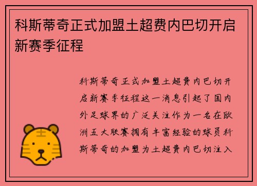 科斯蒂奇正式加盟土超费内巴切开启新赛季征程